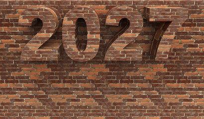 Brick New Year 2027 set on a stone wall in front. Post idea for a construction company. 3d rendering