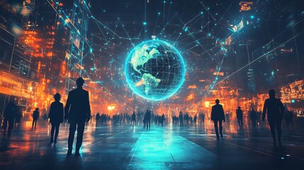 Cyberpunk Night Scene with Holographic Earth and Silhouetted Figures. AI generated illustration