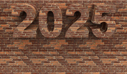 Brick New Year 2025 set on a stone wall in front. Post idea for a construction company. 3d rendering