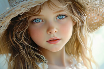 Fototapeta premium A close up of a doll with blue eyes wearing a straw hat