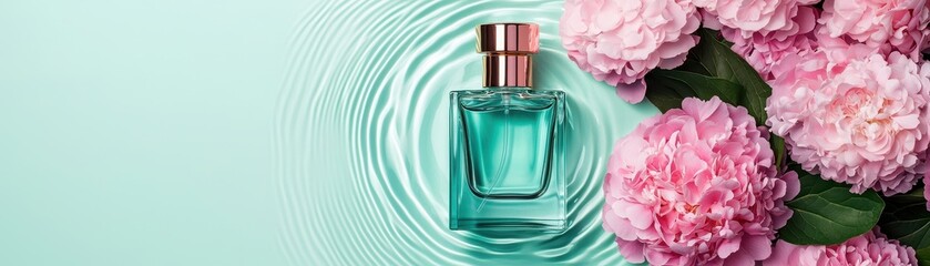 Luxurious Teal Perfume Bottle with Pink Peonies