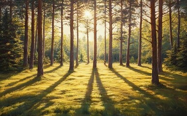 Obraz premium Dense Pine Forest at Sunrise with Sunlight Filtering Through Trees. AI generated illustration
