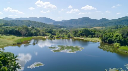 Obraz premium Serene lake nestled in lush green valley, surrounded by mountains under a partly cloudy sky.