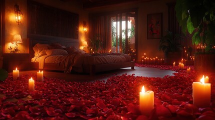 Bedroom with burning candles strewn with rose petals in anticipation of a romantic day. Flames of passion illuminate day of love, 4k Resolution 