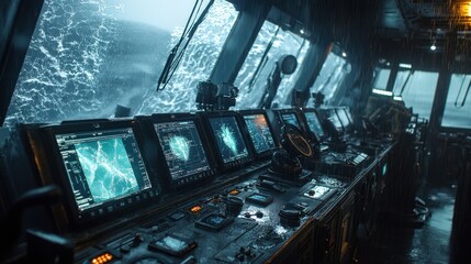 Obraz premium Amidst heavy rain and towering waves, the crew monitors navigation equipment, ensuring safe passage through a tempestuous sea.