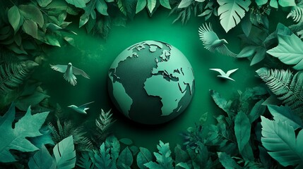 Earth Day Paper Cut-Out with Greenery and Flying Birds. AI generated illustration