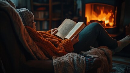 Cozy Winter Evening: Woman Reading by a Fireplace