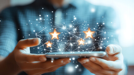Customer review concept with star ratings displayed on smartphone, showcasing user feedback and satisfaction in digital environment