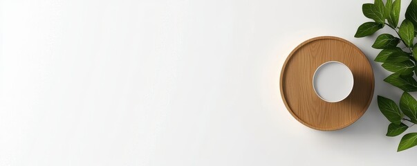 Minimalist White Cup on Wooden Tray with Green Leaves