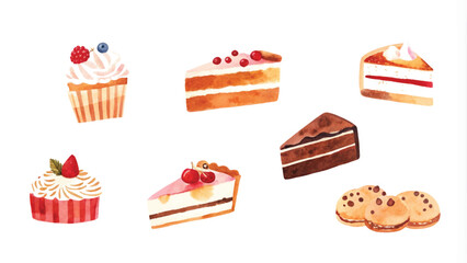 Watercolor set of different sweet cakes. Hand-drawn illustration.