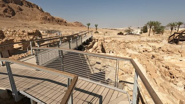 Qumran Nature Reserve near the Dead Sea, home to ancient ruins of a mysterious sect where the Dead Sea Scrolls, invaluable biblical artifacts, were discovered.