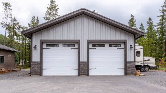 Modern garage structure with two doors surrounded by serene natural scenery.