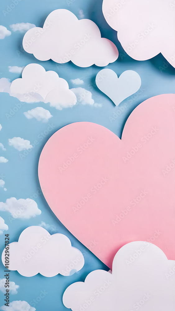 Poster blue sky with fluffy white clouds scattered throughout. in the center of the scene, there are severa