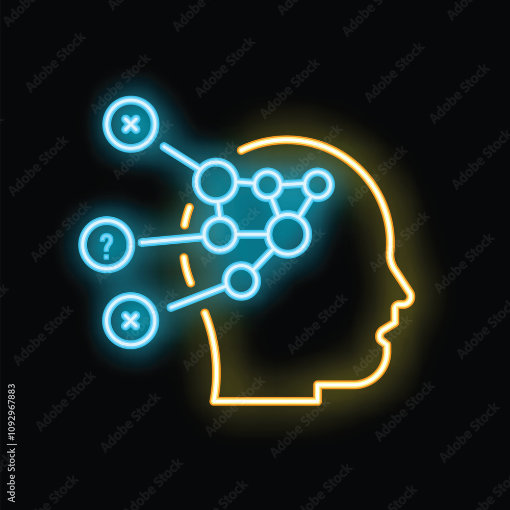 Poster neon style icon representing the process of problem solving with a human head silhouette and connect