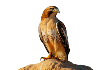 Hawk on a Rock: A majestic hawk perches atop a weathered rock, bathed in the warm glow of the setting sun. This powerful image captures the bird's fierce beauty and unwavering gaze, isolated