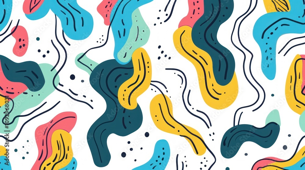 Poster abstract colorful pattern with organic shapes and lines on a white background.