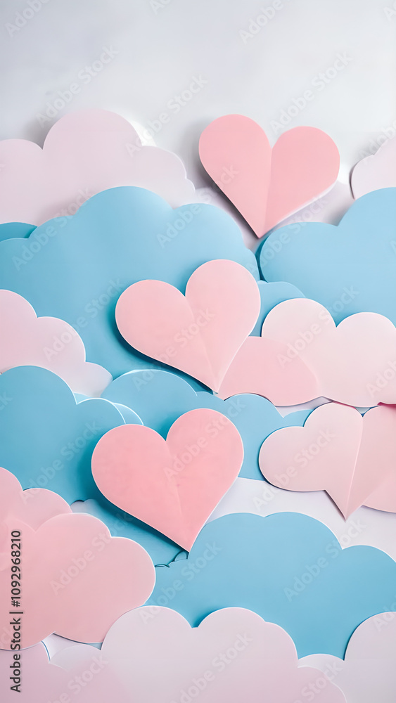 Poster blue and pink heart is on top of a cloud. there are many other hearts scattered around the image