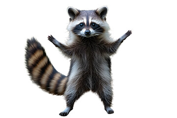 Raccoon Standing Tall: A mischievous raccoon stands on its hind legs, its paws raised in a playful gesture. Its black mask and bushy tail add to its charm and personality, isolated