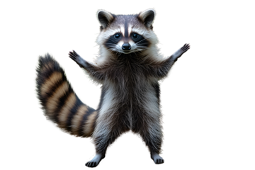 Raccoon Standing Tall: A mischievous raccoon stands on its hind legs, its paws raised in a playful gesture. Its black mask and bushy tail add to its charm and personality, isolated