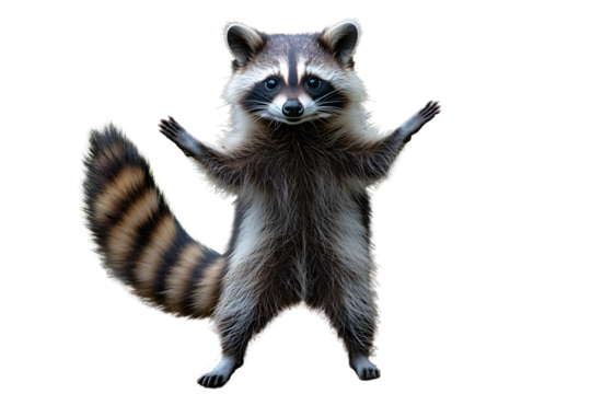 Raccoon Standing Tall: A mischievous raccoon stands on its hind legs, its paws raised in a playful gesture. Its black mask and bushy tail add to its charm and personality, isolated