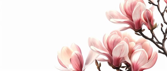 Obraz premium A serene illustration of pink magnolia flowers against a white background.