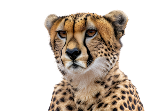Cheetah Close-Up: A stunning portrait of a cheetah with piercing gaze and captivating spots, showcasing the animal's beauty and wild nature, isolated