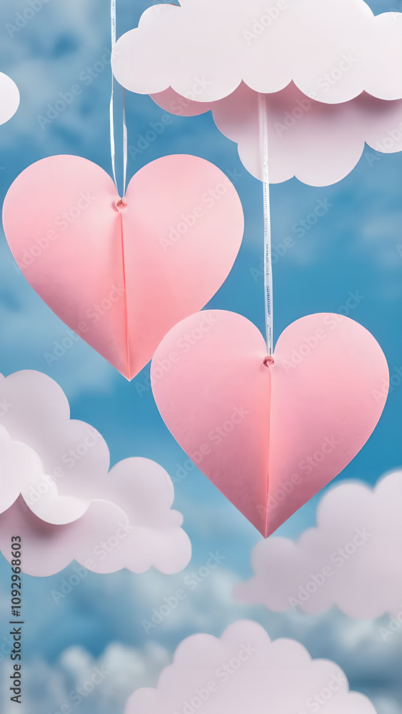 Poster two hearts hanging from a string in the sky. the sky is blue with some clouds. the hearts are pink