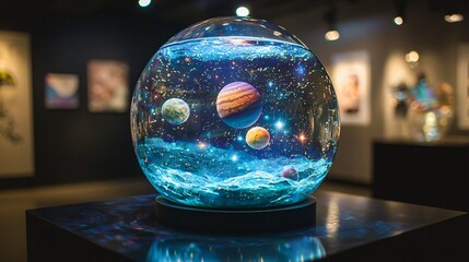 Beautiful glass globe displays planets in a cosmic art exhibition setting. Generative AI