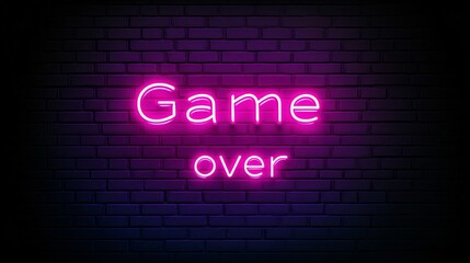 Bright neon sign displaying game over against a dark brick wall at night. Generative AI