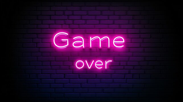 Bright neon sign displaying game over against a dark brick wall at night. Generative AI