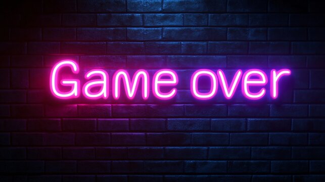 Bright neon game over sign illuminating a dark brick wall at night. Generative AI