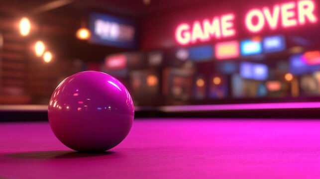 Vibrant game room with neon lights and a focus on a purple billiard ball. Generative AI