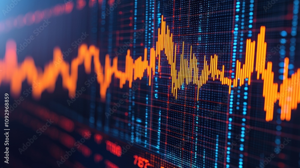 Poster financial data showing growing orange graph on digital screen representing investment concept