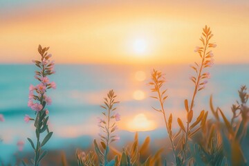 Sunset at the Beach with Blooming Sagebrush Flowers and Dunes Overlooking the California Coast. AI generated illustration