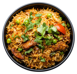 Delicious bowl of chicken biryani garnished with fresh herbs and vegetables isolated on transparent background.