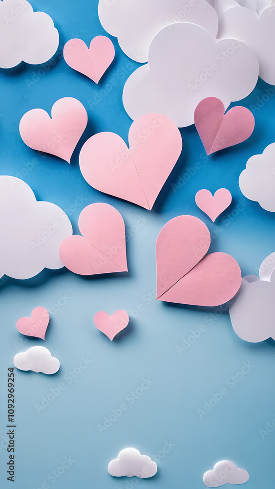Poster blue background with a bunch of hearts scattered around it. some of the hearts are pink and some are