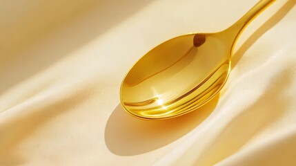 Golden spoon resting on soft fabric, reflecting light in a serene setting. Generative AI