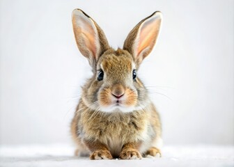 Naklejka premium Charming rabbit with long ears against a bright white backdrop, perfect for pet lovers and animal enthusiasts. Celebrate cuteness with this delightful bunny photography!