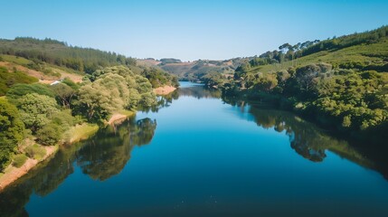 Serene river reflecting lush green hills and trees under a clear blue sky.
