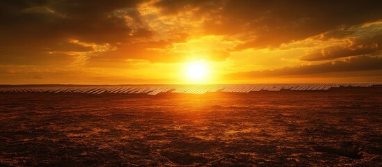 Obraz premium Stunning Sunset Over Solar Panels in Desert Landscape Capturing Renewable Energy and Sustainable Technology