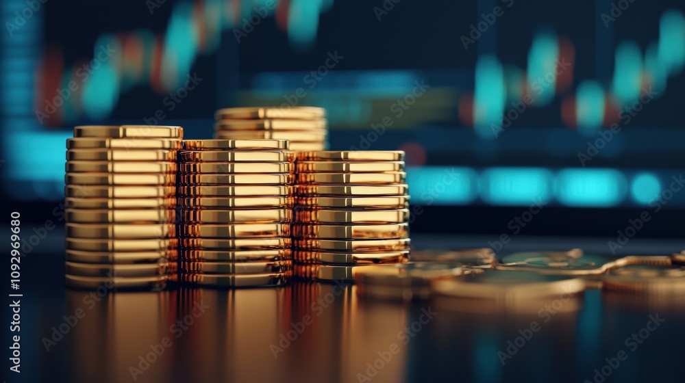 Poster gold coins and bars stacked on reflective surface with stock market data in background