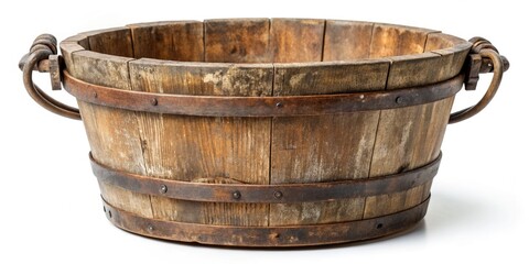Fototapeta premium Charming rustic wooden bucket with handles, perfect for vintage decor and creative craft projects. Isolated on white background, it adds a touch of nostalgia to any setting.