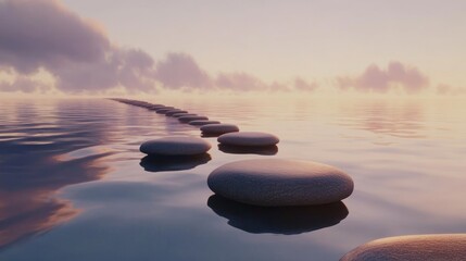 A serene pathway of stones leads across calm water under a pastel sky at sunrise.
