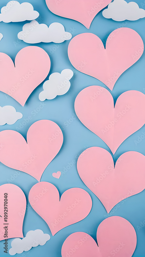 Poster blue background with a bunch of pink hearts. some of the hearts are overlapping. there is a cloud in