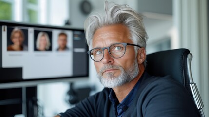 Senior management CEO in virtual meeting.Elegant professional analyzing data on futuristic holographic screens, blending advanced technology with leadership in a modern workspace.