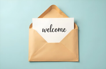 Top view of an envelope and a postcard with a card with the words "Welcome". Welcome card. Selective focus, blurred background.