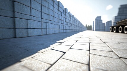 Fototapeta premium Paved path with stone blocks under bright sunlight in an urban environment. Generative AI