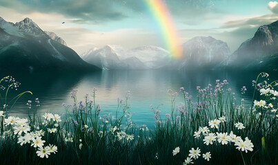 A serene landscape featuring mountains, a lake, flowers, and a rainbow.