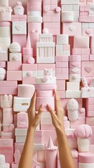 A woman is holding a pink box in her hands. The box is decorated with pink and white colors. Concept of joy and celebration, as the woman is holding a gift box