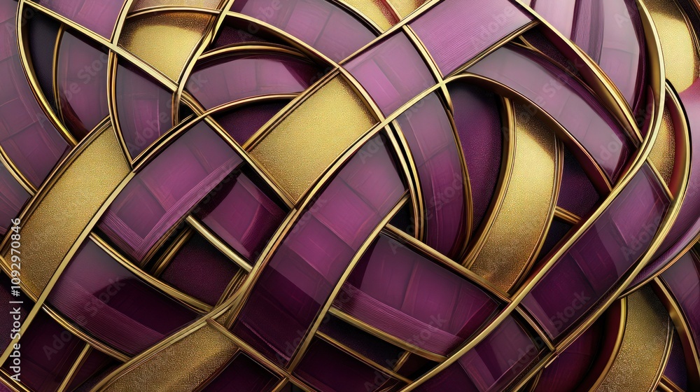 Poster an upscale visual of rich plum and gold tones, featuring intricate geometric patterns that interlock